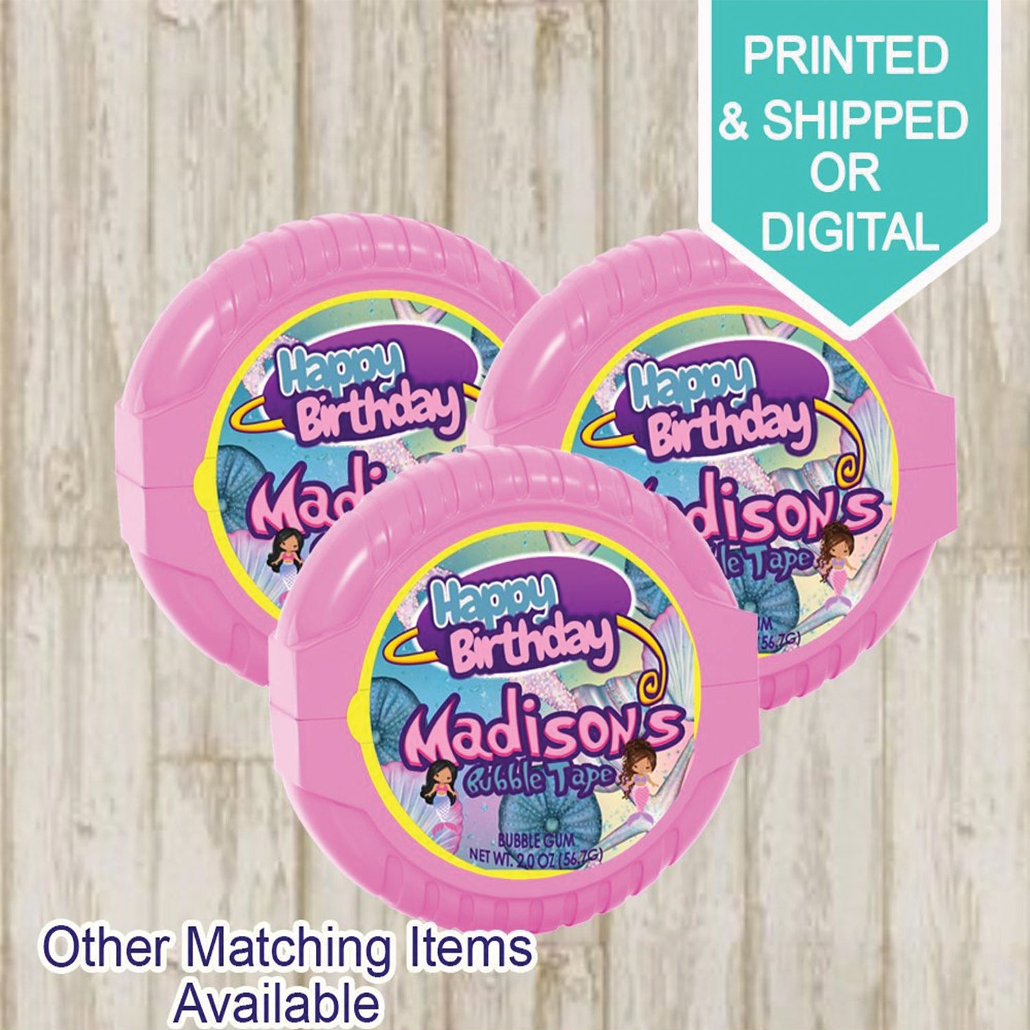 Mermaid Bubble Gum Tape ,Mermaid Sticker Labels, Mermaid Birthday, Mermaid Party, pink stickers, Printed bubble gum, digital