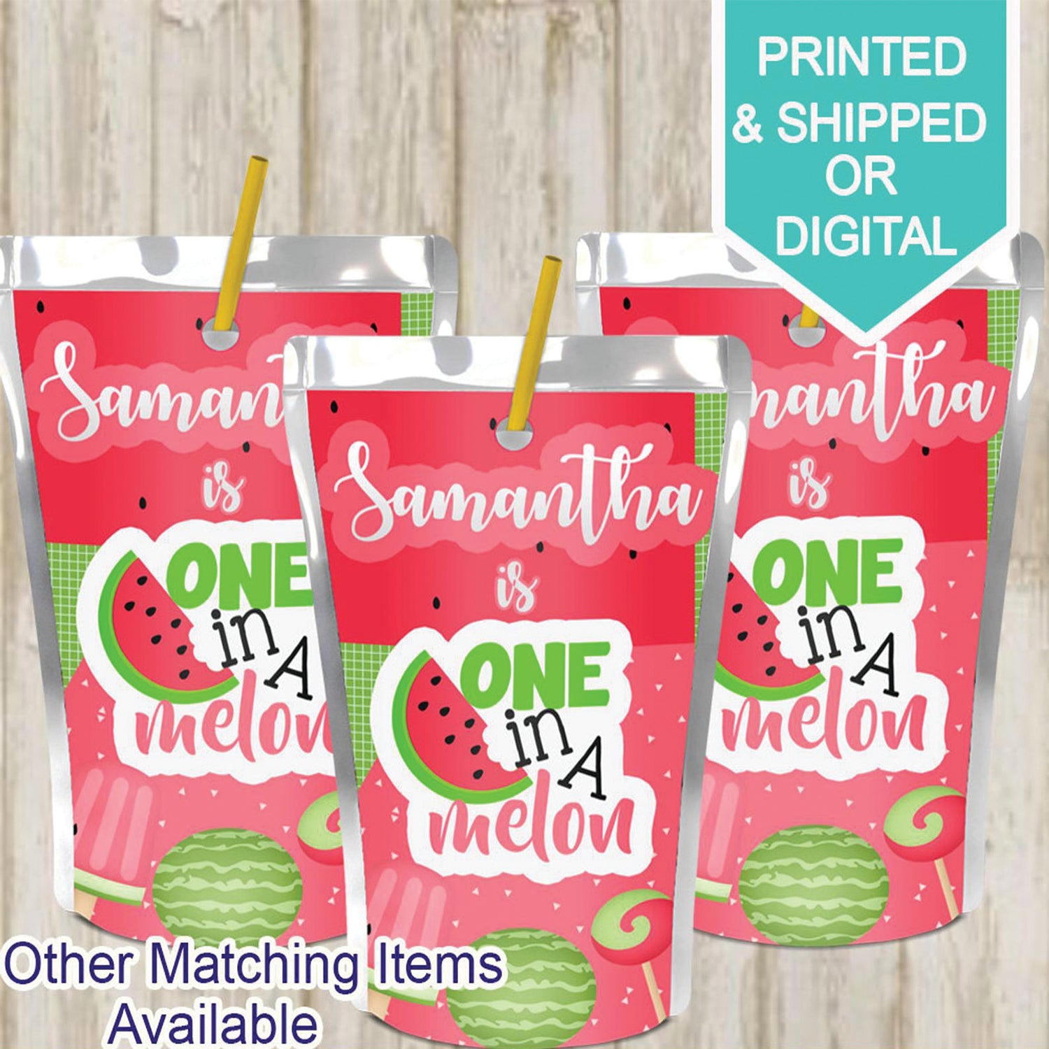 One in a melon Juice Pouch Labels- Capri Sun Labels- Watermelon Party- Watermelon Birthday- Digital- Printable- Printed