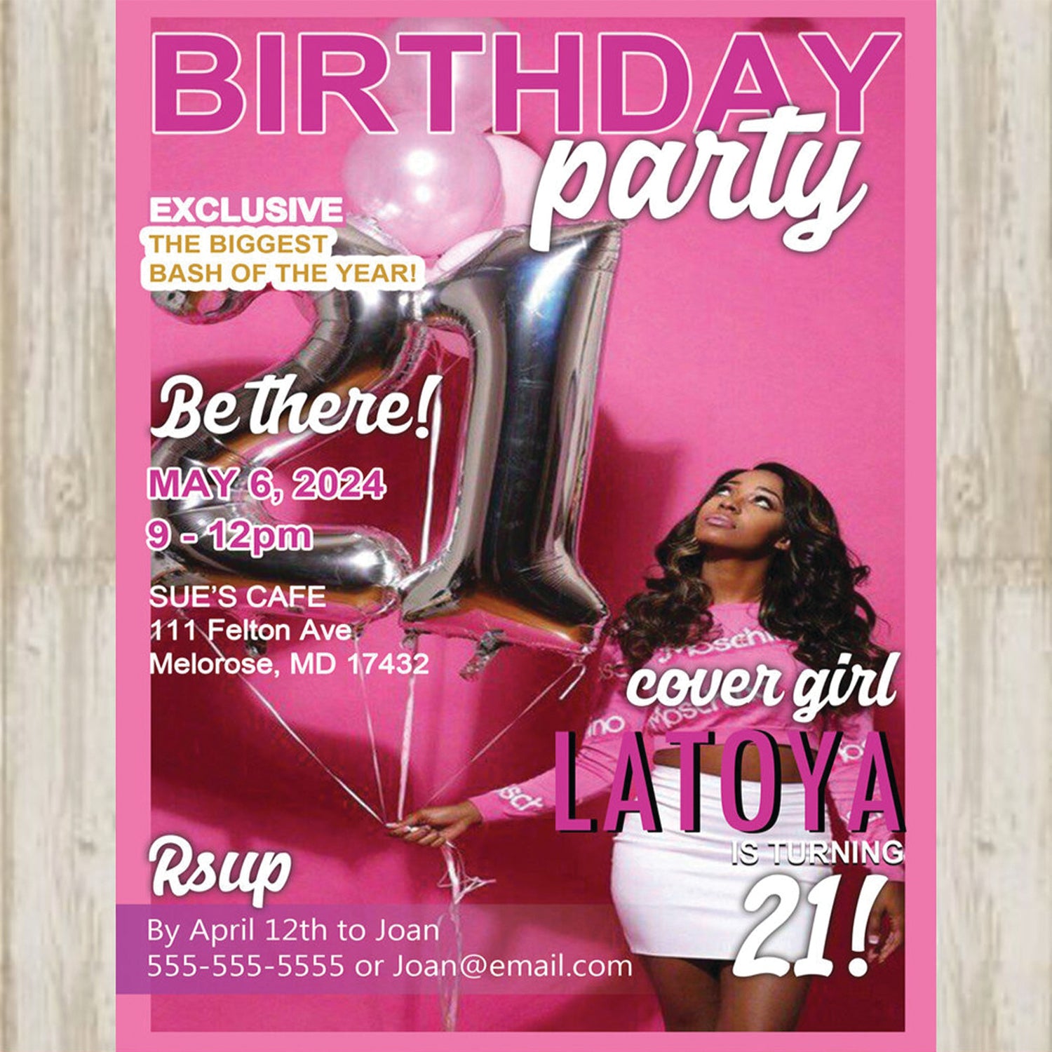 21st Birthday Invitations For Her- 21st Birthday Party invite- 21st invitation Pink- Printable- Personalized- Custom Photo-Digital