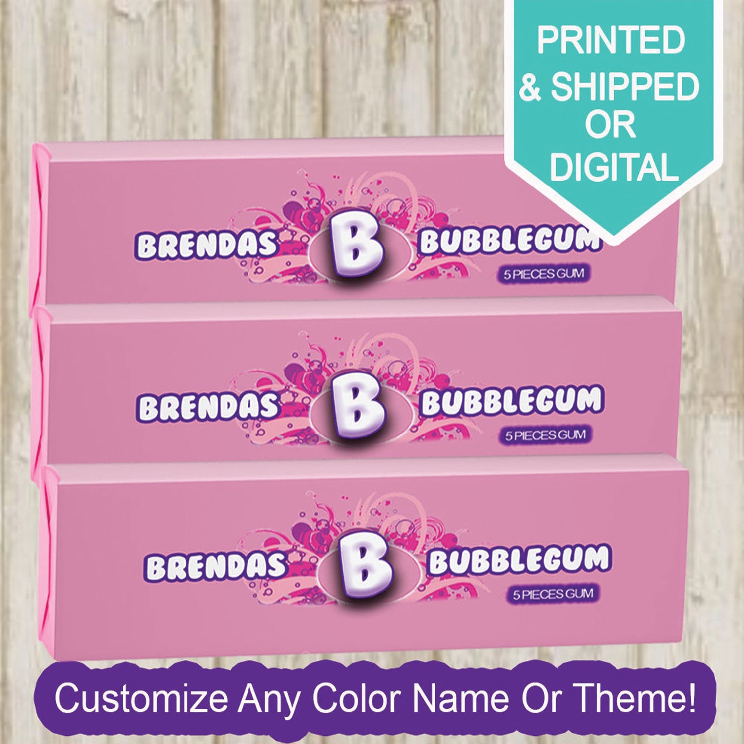 Personalized Bubble Gum - Birthday Party- Custom Bubble Gum Wrapper- Custom Candy- Candy Favors- Chewing Gum-Printed Gum-Pink Theme